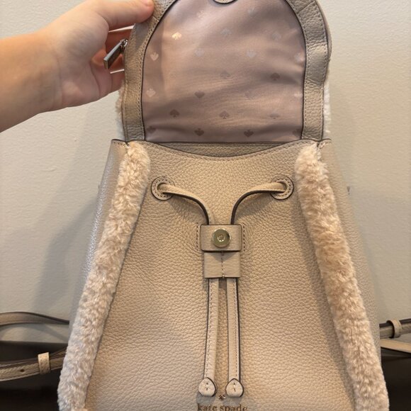 Kate Spade Leila Leather Medium Flap Backpack with Faux Shearling in Light Sand main image 8